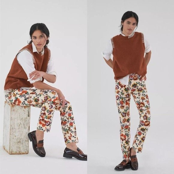 ANTHROPOLOGIE Pilcro The Cigarette Slim Straight Jeans Floral US 32 - Picture 1 of 11